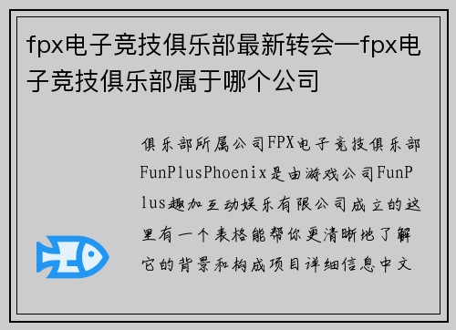fpx电子竞技俱乐部最新转会—fpx电子竞技俱乐部属于哪个公司